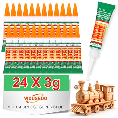 WOUSEDO 24 X 3g Super Glue Clear, Strong Adhesive,Super Glue Fast Drying Cyanoacrylate Glue for Wood,Rubber,Leather, Plastic, Metal, Rhinestone Jewelry, DIY Crafts and More - color: 24 X 3g