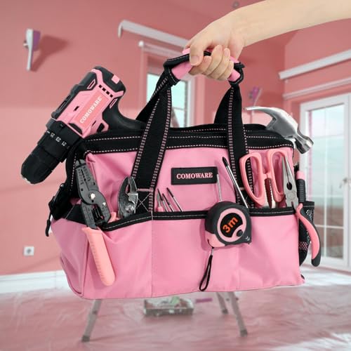 COMOWARE 13-Inch Tool Bag, Pink Soft Storage Bags with Inside Pockets, Wide Mouth Pink Tool Tote Bag - color: Pink