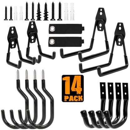 TocTen Garage Hooks, 14 Pack Garage Storage Hook Heavy Duty Solid Steel Wall Hooks, Wall Mount Garage Bike Hooks with Anti-Slip Coating Utility Hooks for Hanging Bike Ropes Garden Tools (Black) - color: Black-14 Bike Hook