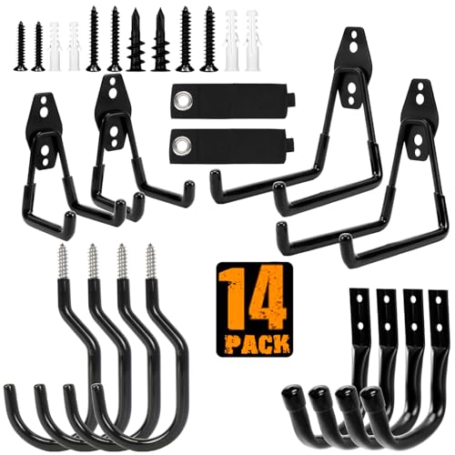 TocTen Garage Hooks, 14 Pack Garage Storage Hook Heavy Duty Solid Steel Wall Hooks, Wall Mount Garage Bike Hooks with Anti-Slip Coating Utility Hooks for Hanging Bike Ropes Garden Tools (Black) - color: Black-14 Bike Hook