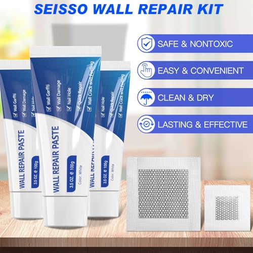 SEISSO Drywall Repair Kit, Wall Mending Agent*3(100g), Wall Patch*4, Scraper and Sandpaper*2, Wall Repair Paste Kit for Wall Cracks, Graffiti, Whitewall Hole Filler and Plaster Dent Repair - color: 3pcs wall paste