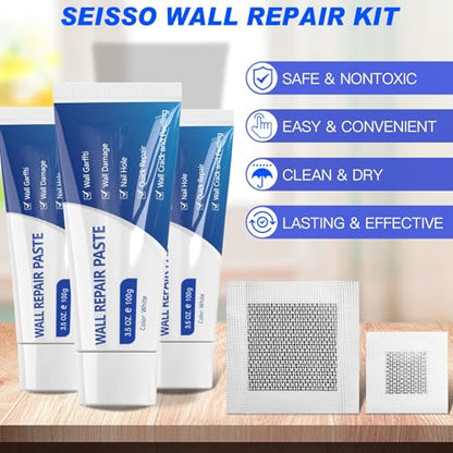 SEISSO Drywall Repair Kit, Wall Mending Agent*3(100g), Wall Patch*4, Scraper and Sandpaper*2, Wall Repair Paste Kit for Wall Cracks, Graffiti, Whitewall Hole Filler and Plaster Dent Repair - color: 3pcs wall paste