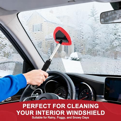 JUSTTOP Windshield Cleaner Tool, Car Interior&Exterior Window Cleaning Tool with Extendable Handle & 4 Reusable Microfiber Pads, Auto Glass Wiper Brush Kit for Cars (Red) - color: Red