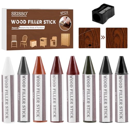 SEISSO Wood Furniture Scratch Repair Filler Sticks, 8 Colors Wax Sticks with Sharpener, Premium Wood Scratch/Dent/Crack/Mark/Stain Cover&Remover, Upgrade Crayons for Floor, Table, Door, Cabinet - color: 8 Color