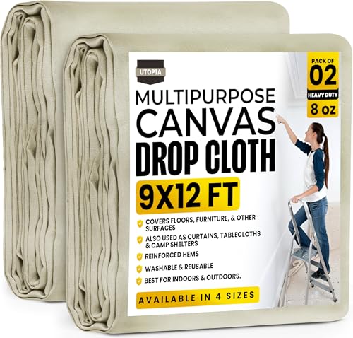 Utopia Drop Cloth for Painting (9x12 ft, 2 Pack) Washable and Reusable Drop Cloth for Painting, Furniture & Floor Protection Highly Absorbent Paint Cover - Thick Canvas Tarp for Outdoor and Indoor Use - color: 9ft x 12ft Pack of 2