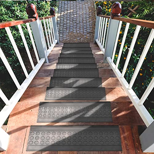 Ottomanson Outdoor Rubber Stair Treads – Coin Heavy-Duty Non-Slip Stair Mats – Best Grip on Concrete, Brick & Textured Step – Fastening Recommended for Wooden & RV Steps, Pack of 5 - color: Black Coin
