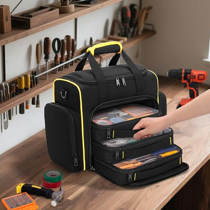 Marscamd Tool Bag with 3 Removable Cases, 2 Layers Tool Tote for Hand Tools, Black with Yellow Binding - color: Black with Yellow Binding