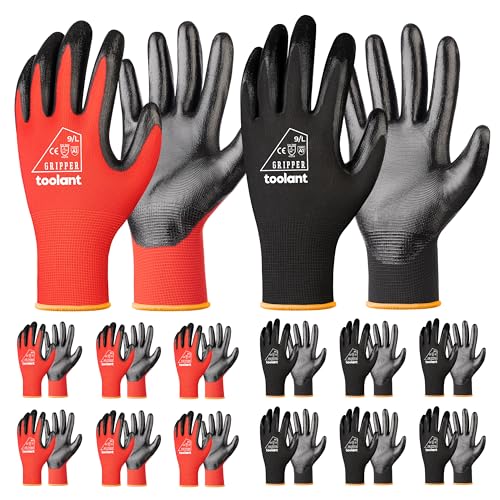 toolant Nitrile Coating Work Gloves for Men, Superior Oil Resistance, Safety Work Gloves with Grip, Touch Screen - color: Red&black (12 Pairs), size: Large