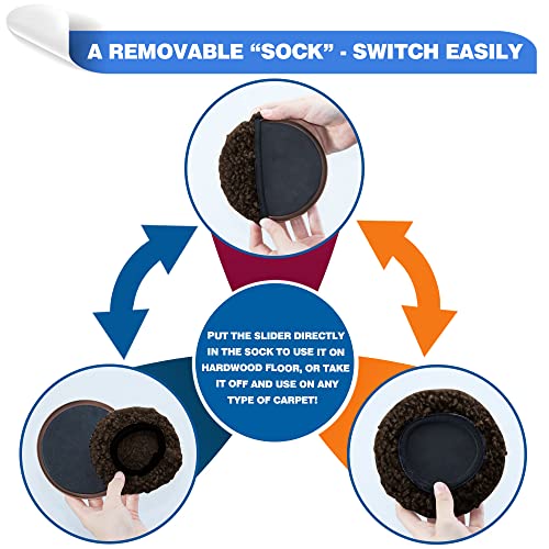Furniture Sliders, Multi-Surface Furniture Sliders for Carpet & Hardwood Floors, 4 Pack 3 1/2" Furniture Movers for Carpet + 4 Hardwood Socks, Move Furniture on Any Surface Easily! - size: 4+4 Pack 3.5inch (Brown)