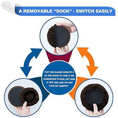 Furniture Sliders, Multi-Surface Furniture Sliders for Carpet & Hardwood Floors, 4 Pack 3 1/2" Furniture Movers for Carpet + 4 Hardwood Socks, Move Furniture on Any Surface Easily! - size: 4+4 Pack 3.5inch (Brown)