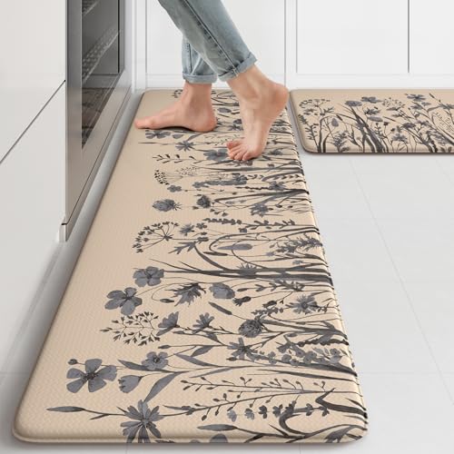 KIMODE Anti Fatigue Kitchen Mats for Floor, Farmhouse Kitchen Rugs Sets of 2, Cushioned Kitchen Floor Mats, Comfort Standing Mat for Sink, Laundry, Office, Desk Brown/Grey 17"x47"+17"x29" - color: Brown/Grey, size: 17.3" x 47"+17.3" x 29"--0.47 inches