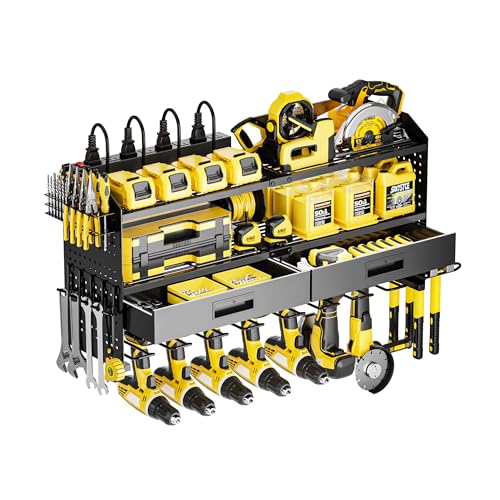 Power Tool Organizer Wall Mount Heavy Duty 400 lbs, 4 Layers Storage Rack with 9 Drill Holders & Battery Storage, Cordless Tool Organizer for Garage, Workshop & Tool Room - size: Large