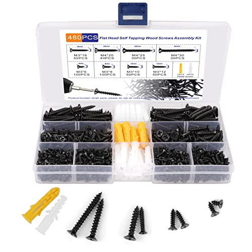 Wood Screws Assortment Kit, 480pcs M3&M4 Black Black Wood Screws, Small Screws Set, Short Screws Fasteners Cabinet Hinge Mounting for Micro Woodworking with 30pcs M6 Anchorss - color: M3/M4-480 Pcs Screws Kit