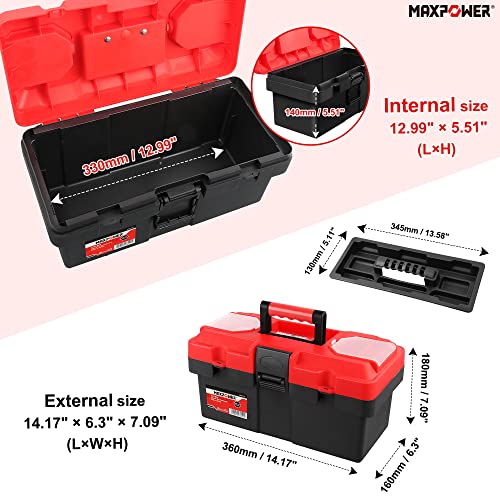 MAXPOWER Small Tool Box, 14-inch Plastic Tool Boxes with Handle, Removable Tray with Dual Lock Secured, Red Toolbox for Home - style: 14" red
