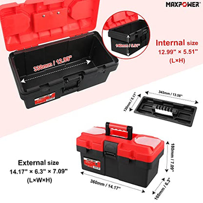 MAXPOWER Small Tool Box, 14-inch Plastic Tool Boxes with Handle, Removable Tray with Dual Lock Secured, Red Toolbox for Home - style: 14" red