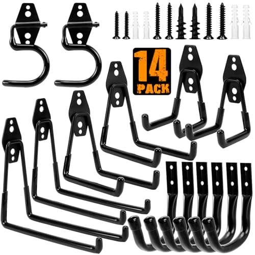 TocTen Garage Hooks, 14 Pack Garage Storage Hook Heavy Duty Solid Steel Wall Hooks, Wall Mount Storage Hook Kit with Anti-Slip Coating Ladder Hooks for Hanging Garden Tools Chair Hose Ropes (Black) - color: Black