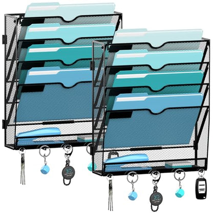 2 Pack 5 Tier Wall File Organizer - Hanging File Organizer with 5 Hooks, Mail Holder Wall Mounted for Papers, Folders, Magazines, Bills, Office&School Organization, Black - size: 5 Tier-Black-2Pack