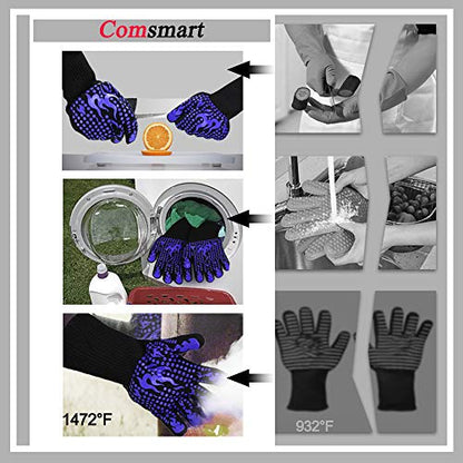 Comsmart BBQ Gloves, 1472F Heat Resistant Silicone Non-Slip Oven Mitts, Long Kitchen Gloves Perfect for Grilling, Cooking, Baking, Cutting, Blue - color: Blue, size: long