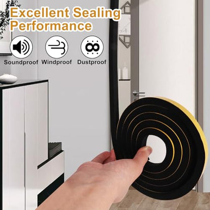 Weather Stripping Door Seal Strip, Strong Adhesive, Cold Insulation, Weatherproof, High Density Foam Insulation Tape for Doors, Windows, Sliding Door, Black (1/2 in x 3/8 in x 13 Ft)