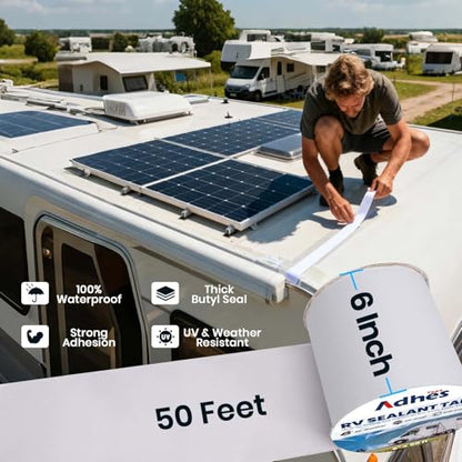 ADHES White Butyl Sealant Tape 6 Inch x 50 FT – Single-Sided Waterproof RV Roof Repair Tape, Leak-Proof Sealant for Camper, Window, Skylight, and Roof Edge - style: 6in x 50ft