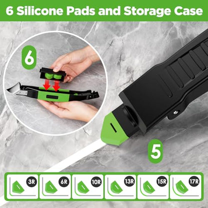 6 in 1 Silicone Caulking Tool Kit with Caulk Grout Remover Tool Sealant Finishing & Smoothing Tool, Grout Scraper, 6 Reusable Pads and Adhesive Residue Scraper for Kitchen Bathroom Tile Sink (Green) - color: Green