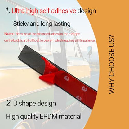 D Shape Rubber Weather Stripping, Self-Adhesive EPDM Rubber Seal Strip Gasket for Automotive, RV Slide Out Seal, Marine, Garage Doors/Window and More - 0.75” Width, 0.425” Height - 20FT