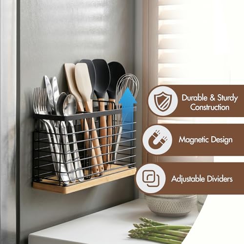MSJGA Magnetic Utensil Holder for Fridge - 3 Compartment Wall Mounted & Countertop Metal Utensil Organizer with Bamboo Base, Kitchen Utensil Caddy for Spoons, Forks, Knives, Black
