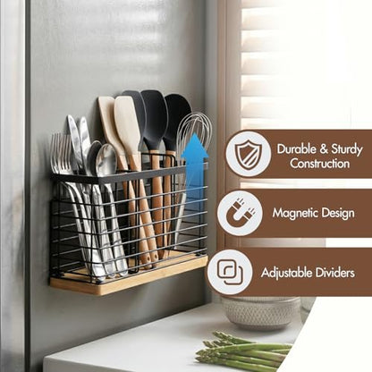 MSJGA Magnetic Utensil Holder for Fridge - 3 Compartment Wall Mounted & Countertop Metal Utensil Organizer with Bamboo Base, Kitchen Utensil Caddy for Spoons, Forks, Knives, Black