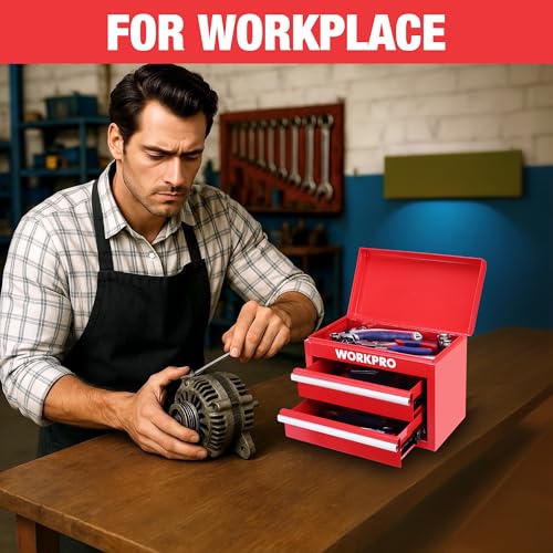 WORKPRO Metal Mini Tool Box, Top Tool Chest containing Two Drawers with Ball Bearing Slides, PVC Drawer Liners and PP Feet Pads, Durable Cold Rolled Steel Small Toolbox for Multi-Purpose Storage - color: Red