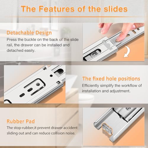 YENUO Stainless Steel Drawer Slides Full Extension 10 12 14 16 18 20 22 24 Inch Side Mount Ball Bearing Dresser Cabinet Kitchen Rails Track Guide Glides Runners Heavy Duty 100 Lbs (1 Pair, 16 Inch) - color: White-Stainless Steel, size: 16 Inch