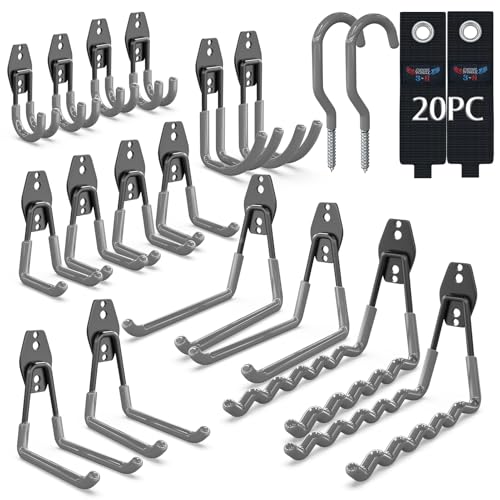3-H Garage Wall Hooks 20 Pack,Garage Hooks Heavy Duty,Garage Storage Hooks for Hanging and Organizing Garden,Lawn,Yard Tools,Chairs,Ladders,Weed Eater,Shovel,Blower(Gray) - color: Gray, size: 20