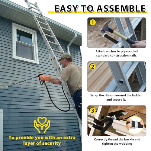 Ladder Safety Strap Tie Down – Heavy Duty Ladder Strap Leash with Anchor Plate and Stainless Steel Clip, Anti-Slip Pole Strap for Roof Work, Gutter Cleaning, Solar Install, Ceiling Rack Mount