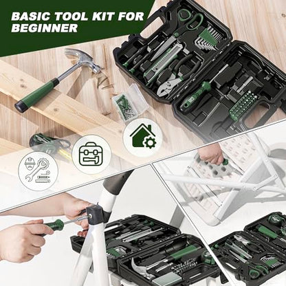 Prostormer 93-Piece Tool Kit, Basic Household Repair Tool Set with Toolbox Storage Case, Small Starter Tool Box Kit for Homeowners and College Students (Green) - color: Green