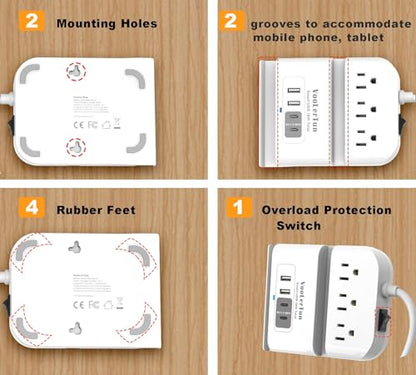 Surge Protector Power Strip Outlet Extender 4 USB Charging Station with Multi Outlet,6FT Flat Plug Extension Cord 3 AC with Overload Protection ETL Certified for Office Home