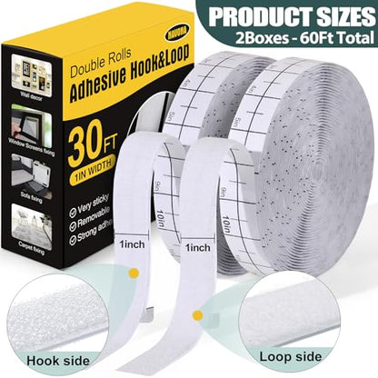 Navona 2 Boxes Heavy Duty Hook and Loop Strips with Adhesive, 60Ft Total x 1 Inch Hook and Loop Tape with Backing for Home, Office, School, and Crafting Projects, White - color: 1inx30ft-white-2Boxes