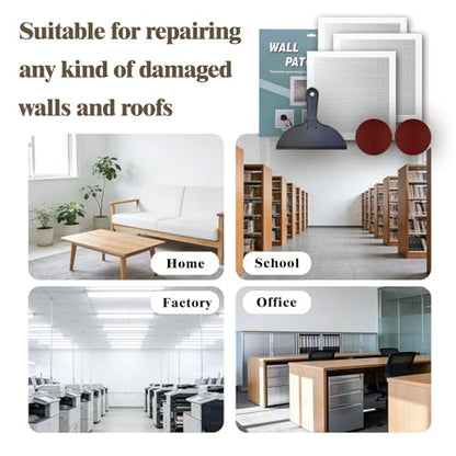 Drywall Repair Kit, 3 Pcs, 12x12in Self-Adhesive Patch for Large Holes and Cracks, with Sandpapers and Scrapers, Quick Fix for Ceiling and Bathroom Wall Damage