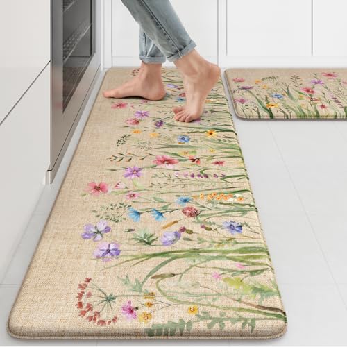 KIMODE Anti Fatigue Kitchen Mat, 17"x47"+17"x29" Floral Kitchen Rugs Sets of 2, Farmhouse Kitchen Floor Mats Non-Slip Cushioned, Comfort Standing Desk Mat for Sink, Laundry,Home Brown - color: Floral/Brown, size: 17.3" x 47"+17.3" x 29"--0.47 inches
