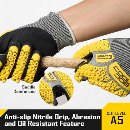 COOLJOB A5 Cut Resistant Gloves with Impact Resistant TPR, Touchscreen Nitrile Dipped Safety Work Gloves with Grip, 1/3 Pair - color: Yellow (1 Pair), size: Large