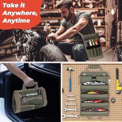 Tool Roll Up Bag, Gifts for Men Dad from Wife Daughter Fathers Day, Portable Tools Box Storage for Men, Heavy Duty Tool Organizer W/Detachable Pouches for Electrician Mechanic Carpenter - style: Roll-Khaki&green