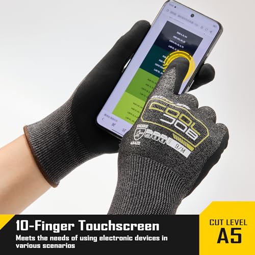 COOLJOB A5 Fiberglass Free Cut Resistant Gloves for Men, Touchscreen, Grip Nitrile Coated, No PFAS, Non Slip, Soft & Durable - color: Black (Pack of 3), size: Medium
