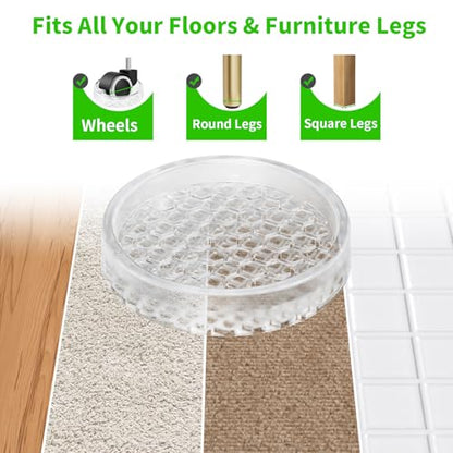 Clear Non Slip Furniture Pads - 2" Anti Slide Caster Cups, 12PCS Round Furniture Coasters for Hardwood Floors & Carpet, Wood Floor Protectors for Furniture Leg, Table Chair Couch Bed Stoppers - size: 2" 12pcs clear