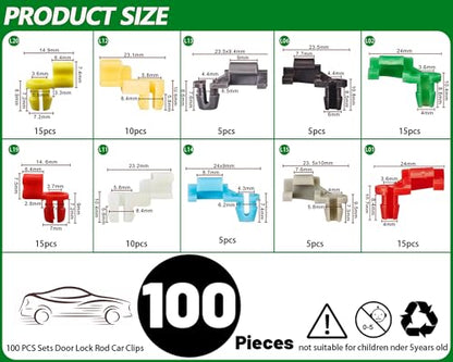 100PCS Door Lock Rod Car Clips Assortment Kit, Door Install Clips, Tailgate Handle Rod Clip, Car Accessories Left and Right Door Handle Rod End Clip Retainer Compatible with Most Vehicles