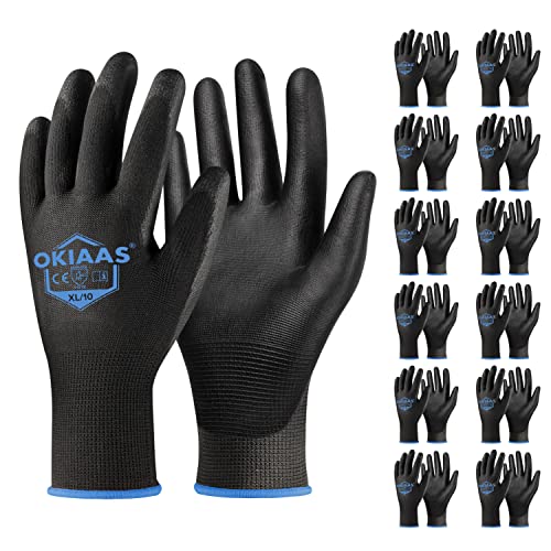 OKIAAS Work Gloves for Men，Ultra Thin and Lightweight Working Gloves with Grip, 12 Pairs Bulk Pack Construction Gloves with Polyurethane Coating for Light Duty Work (Black, X-Large) - color: Black (12 Pairs), size: X-Large