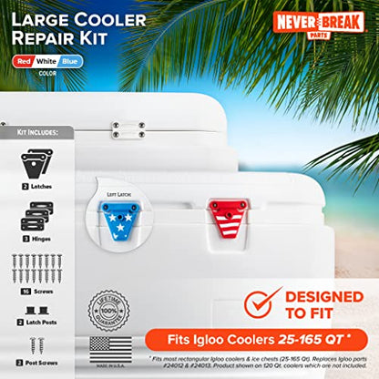 NeverBreak Parts - Igloo Cooler Replacement Parts - Large Repair Kit | High Strength Igloo Cooler Hinges Replacement with Latches | Ice Chest Repair Kit - color: White with Stars and Stripes