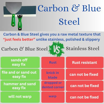 Medusa's Carbon and Blue Steel Drywall Taping Knife set with S.S. 12" Mud Pan And Grip: Classic Style Light Handles with Strong Flexible Blades, Note to Beginners All blades will Rust, watch video