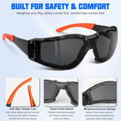 OXG Safety Glasses for Men, ANSI Z87.1 Anti-Fog Impact Resistant Protective Eyewear, Foam Gasket, UV400 Protection - color: 6-black-orange