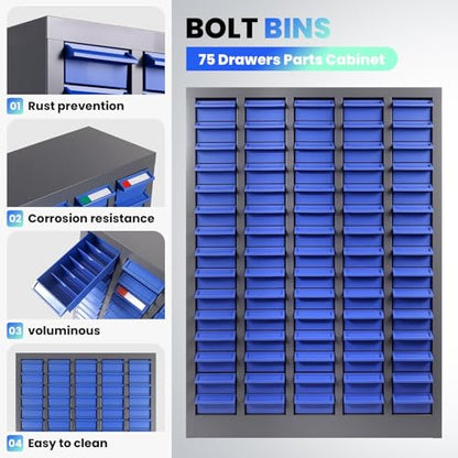 75 Drawers Industrial Nut and Bolt Organizer, Parts Cabinet with 375 Dividers & 150 Label Slots, ABS Drawers Multi-Use Bolt Bins Hardware Organizer System for Workshop, Warehouse and Office - style: 75 Drawers