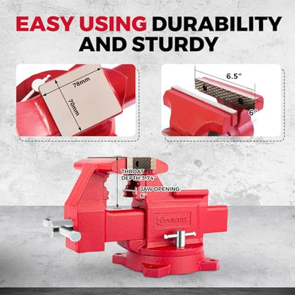 6.5" Heavy-Duty Bench Vise Ductile Iron Bench Vise 360° Swivel Bench Vice with Anvil, Red - size: 6.5-inch