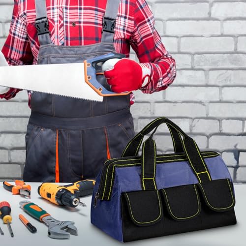 4 Pack Tool Bag for Men with Waterproof Strong Hard Bottom, Heavy Duty Tool Bag Multi Pockets Wide Mouth Tote for Various Instrument, Electrician Carpenter Mechanic (13 Inch, Black, Red, Yellow, Green