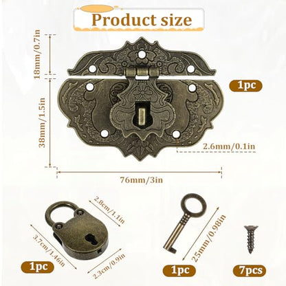 Antique Engraved Decorative Hasp Latch Lock and Mini Bear Padlock Kit Jewelry Box Hinges and Latches with Key and Mounting Screws Bronze Embossing Latch Hinges for Craft Wooden Furniture Projects